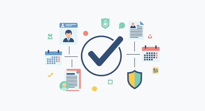 Conceptual illustration of project management and task completion with icons.