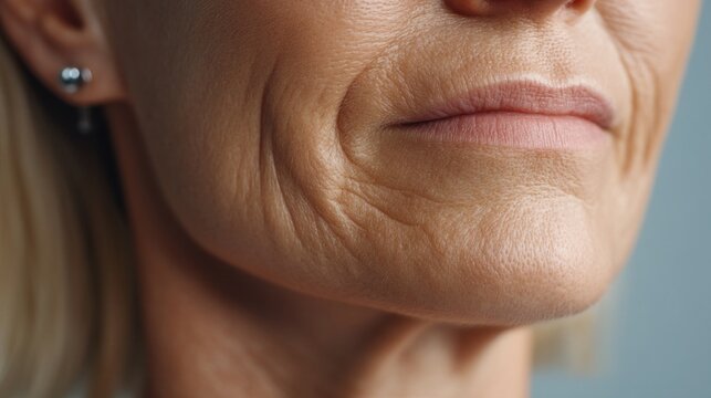 A woman with wrinkles on her face and a silver earring. The earring is on the left ear and is visible. The woman's face has a tired and worn look to it