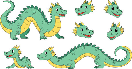Fototapeta premium Cute cartoon dragon character set. Friendly green dragon with body poses and facial expressions. Flat vector illustration for kids design, games, stickers and fantasy themes.