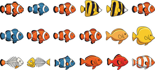 Fototapeta premium Cute cartoon tropical fish set. Colorful clownfish, angelfish and reef fish variations. Flat vector illustration for kids design, games, stickers and aquarium themes.