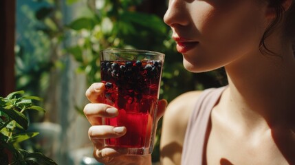 High woman with visible face holding a glass of black currant drink, surrounded by greenery in a bright outdoor terrace setting, showcasing a seasonal beverage lifestyle