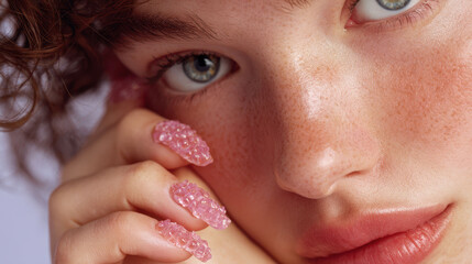 High woman with curly hair and visible face showcasing translucent jelly-art nails, soft lighting, and neutral background, emphasizing playful yet elegant aesthetic