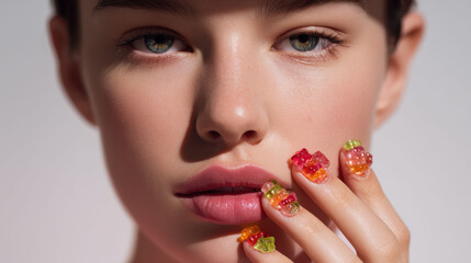 High woman with visible face showcasing jelly art on nails, translucent gummy texture, playful yet elegant aesthetic, soft studio lighting, neutral background, close-up portrait