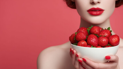 High woman with visible face holding a bowl of fresh strawberries against a vibrant pink background, emphasizing healthy eating and nutrition in a modern food setting