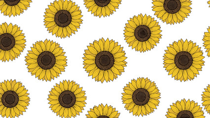 Bright and cheerful seamless pattern featuring numerous yellow sunflowers with detailed centers on a white background.
