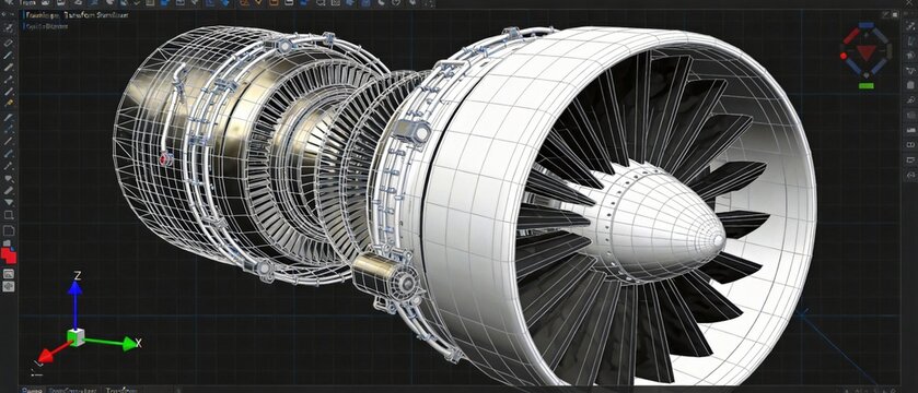 Futuristic jet engine turbine assembly displayed in 3D wireframe modeling software interface with dark UI, technical grid background, colored transform gizmos, and mechanical engineering components.