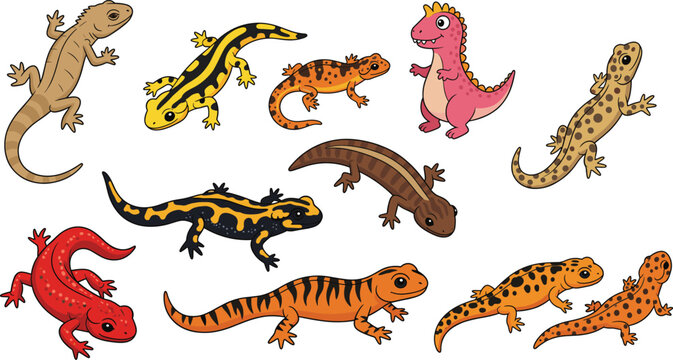 Cute cartoon lizard and salamander characters set. Colorful geckos and baby reptiles in playful poses. Flat vector illustration for kids design, education, stickers and apps.