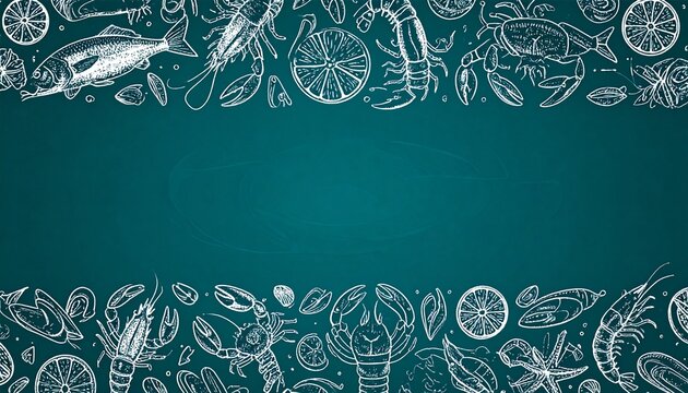 Seafood illustrations border on dark teal background