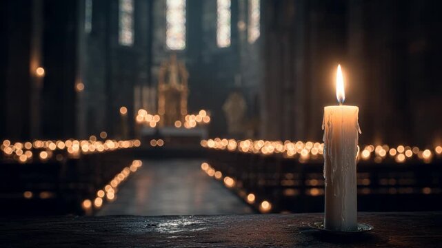 Dark old stone church at night with a single tall Paschal candle in the foreground, sharp flame and warm wax drips visible, while hundreds of distant candle flames form a soft bokeh background.
