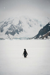 Obraz premium Penguin walking alone across pale icy landscape toward rugged mountains expressing quiet courage and persistence