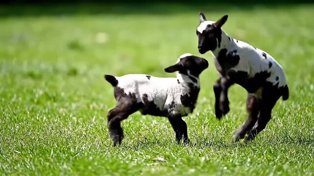 Two playful lambs playfully butt heads in a lush green meadow under bright sunlight capturing a charming moment of youthful energy and rural farm life