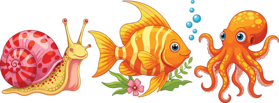 Cute cartoon sea animals set. Snail, tropical fish and octopus characters. Colorful flat vector illustration for kids design, stickers, apps and ocean themes.