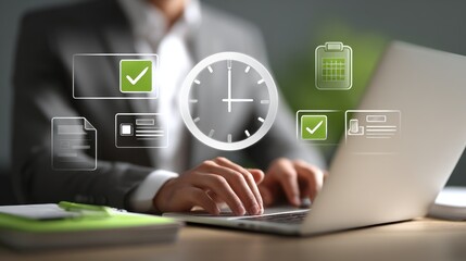 Businessman works with virtual time clock