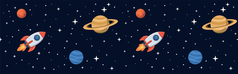 Horizontal copy space seamless pattern with planets and spaceship © Alex_Zakharov