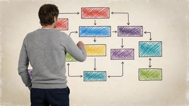 Young business executive analyzing a complex hand drawn flowchart diagram on a textured wall, concept for problem solving, strategic planning and workflow optimization