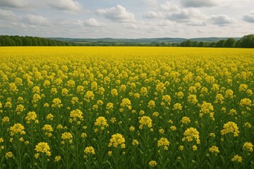 Beautiful landscape with blooming yellow flowers in field. Scenic view captures nature's brightness and tranquility. Ideal for nature lovers and outdoor enthusiasts.