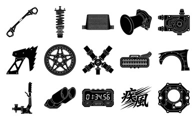 Obraz premium Silhouette Automotive Performance Tuning Asset Sheet for Street Racing and JDM Culture Graphics