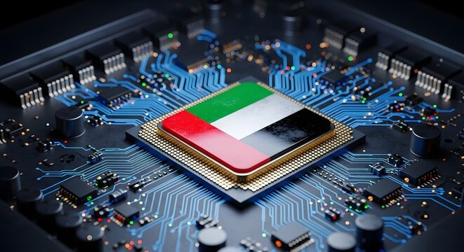 united arab emirates flag on computer chip within motherboard circuits with blue glowing lines symbolizing technological advancement and digital innovation in modern economy