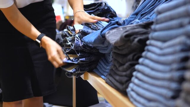 Closeup of a female customer's hands browsing through a stack of folded denim jeans on a wooden shelf in a retail clothing store, searching for the right size and style during a sale