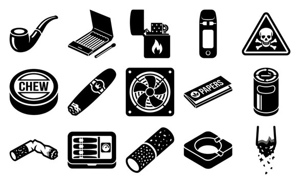 Minimalist Black Silhouette Smoking and Tobacco Accessories Graphic Asset Sheet for Addiction Prevention Media