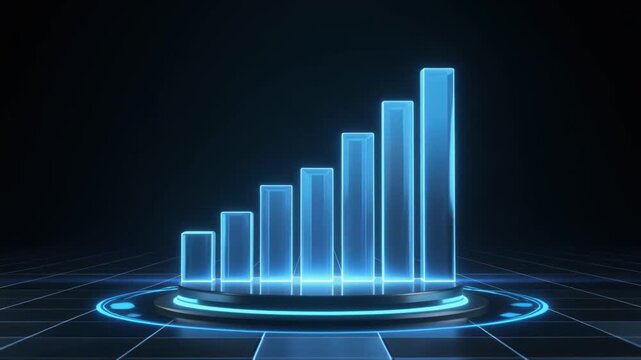 A realistic futuristic business growth video featuring a glowing blue bar chart rising dynamic