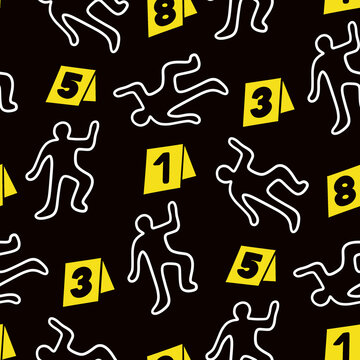 Crime Scene Seamless Pattern with White Body Chalk Outlines and Yellow Evidence Markers on Black Background for Murder Mystery Themes and Forensic Investigation Backdrop