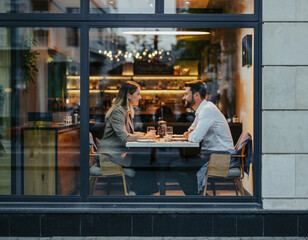 Business people sitting in a restaurant, seen through a glass window