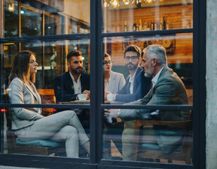 Business people sitting in a restaurant, seen through a glass window