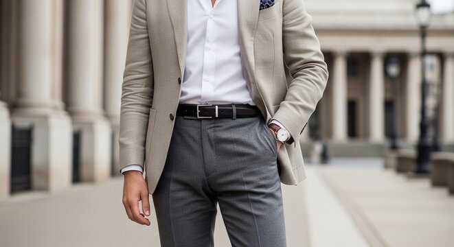 A detailed shot of a man's torso wearing a beige blazer, white shirt, and grey trousers. Focus on the belt, watch, and fabric texture