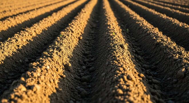 Rows of freshly tilled soil in a farm field at golden hour sunset, preparing for planting agriculture.