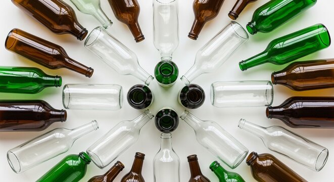 Radial pattern of colorful empty glass bottles on white background. A top-down view of various green, brown, and clear glass bottles arranged in a circular, sunburst pattern