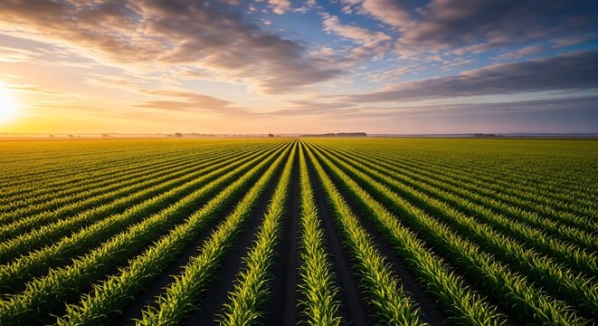 Perfectly aligned rows of young corn plants in a vast agricultural field at sunrise.