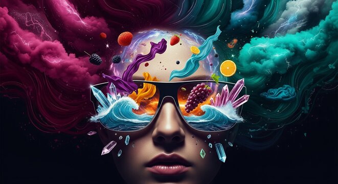 Psychedelic Portrait. A surreal artistic portrait of a person wearing sunglasses, with colorful smoke, crystals, and ocean waves exploding from their head against a black background