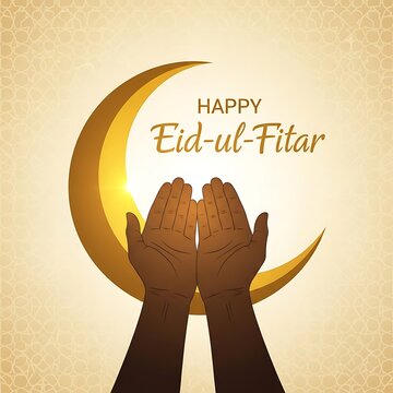 Happy eid ul fitar with praying hands and golden crescent moon on elegant background