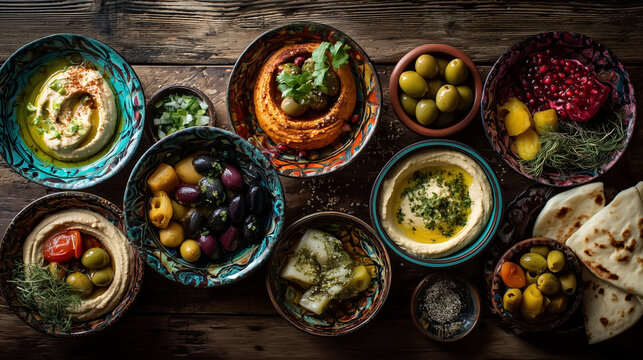 Assorted Mediterranean dips and olives in colorful ceramic bowls overhead rustic table healthy mezze platter for restaurant menu and catering