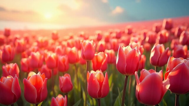 Vibrant red tulips blooming in endless field at sunset, spring flowers stretching to horizon with soft bokeh, concept of spring season, flower farming, gardening