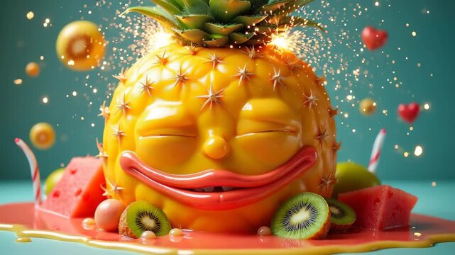 Silly face made of melting tropical fruits, pineapple crown erupting with sparkles, watermelon smile dripping juice, vibrant colors, concept of summer, food, creativity
