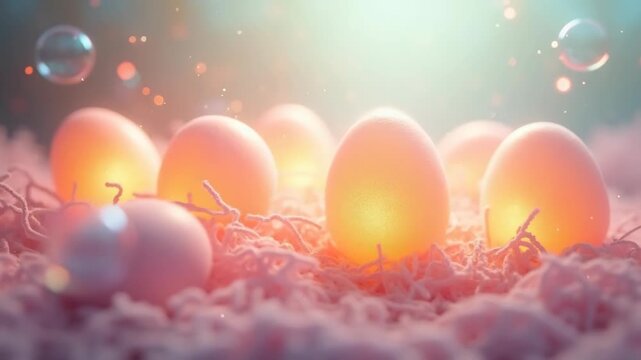 Pastel easter eggs resting in pink nest with bokeh lights background, festive spring decoration display, concept of easter celebration, seasonal holidays, greeting cards