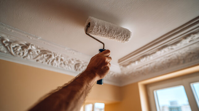 Painter using a roller brush to apply white paint to the ceiling with decorative molding near a bright window in a residential room interior