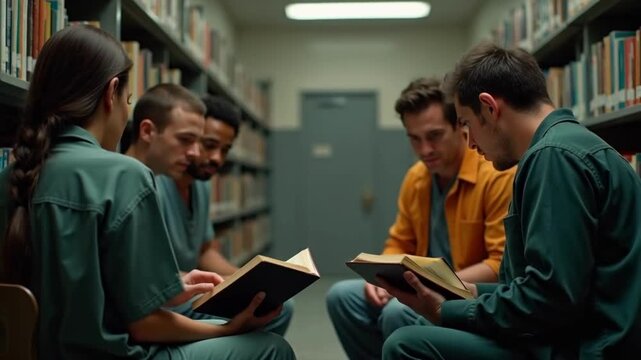 Group discussion reading books together in prison library. concept of rehabilitation education literacy personal growth support programs