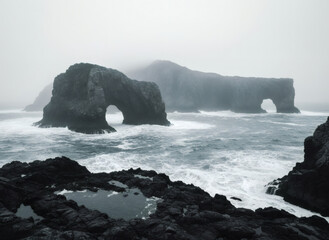 Obraz premium Dramatic View of Large Natural Sea Stacks with Stone Arches in a Rough Ocean during a Foggy Day for a Moody Coastal Landscape and Nordic Nature Aesthetic with Dark Volcanic Rock Formations