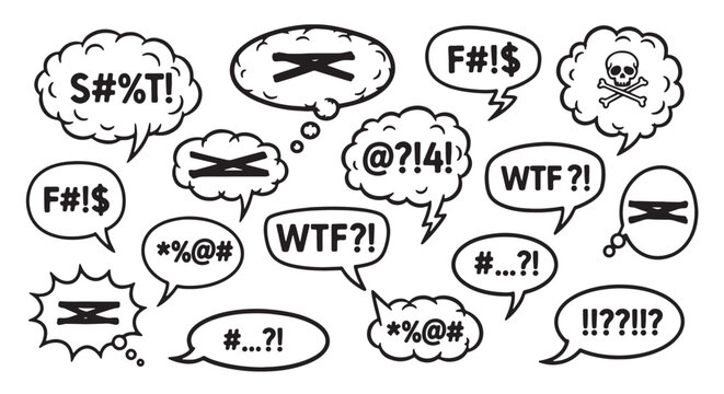Collection of censored curse words and symbols in speech bubbles representing frustration and anger isolated on white background