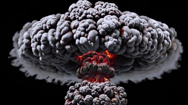 Close up detailed massive nuclear explosion mushroom cloud with fire and smoke