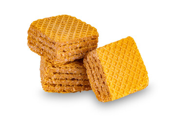 Pile of wafer filled with salted caramel flavered cream isolated on white background.