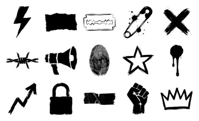 Grungy Hand-Drawn Punk Underground Element Kit for Edgy Alternative Streetwear Graphics and Zine Design