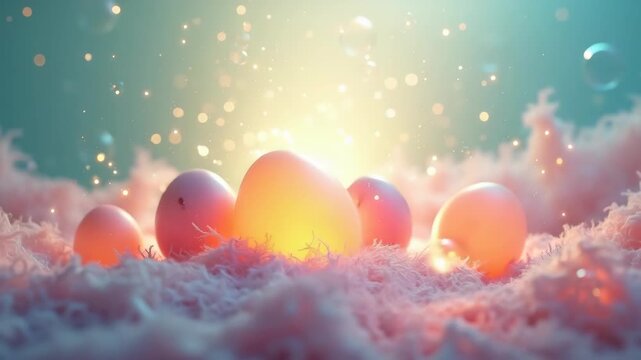 Pastel easter eggs resting in pink nest with bokeh lights background, festive spring decoration display, concept of easter celebration, seasonal holidays, greeting cards
