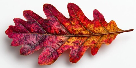 Fototapeta premium A vibrant red and orange oak leaf showcasing detailed textures, reflecting the beauty of autumn foliage.