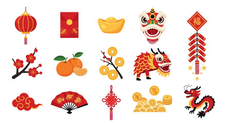Chinese New Year Elements Collection: Dragon, Lion Dance, Lanterns, Red Envelope, Firecrackers, Coins