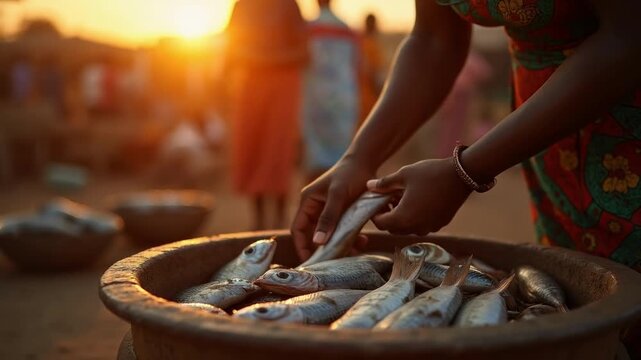 African woman cleaning fresh fish in traditional basin at sunset, authentic cultural moment, warm golden light on textured hands, colorful market atmosphere
