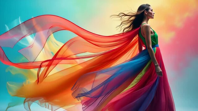 Woman in flowing rainbow dress with colorful fabric swirling in wind, vibrant fashion portrait on gradient background, hair flowing, concept of fashion, beauty, creativity